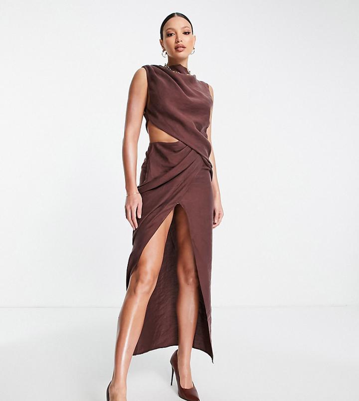 Asos Design Tall Drape Neck Midi Dress With Side Cut Out Detail In Textured Crepe-brown