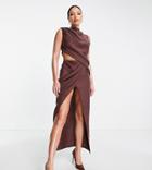 Asos Design Tall Drape Neck Midi Dress With Side Cut Out Detail In Textured Crepe-brown