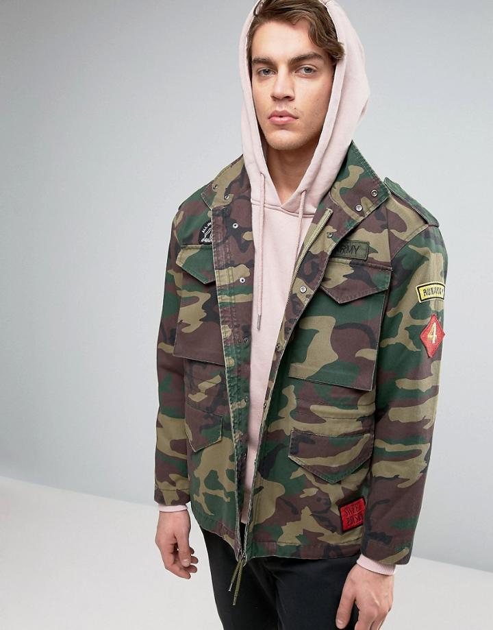 Asos Military Jacket With Four Pockets And Badges In Camo Print - Green