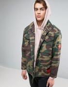 Asos Military Jacket With Four Pockets And Badges In Camo Print - Green