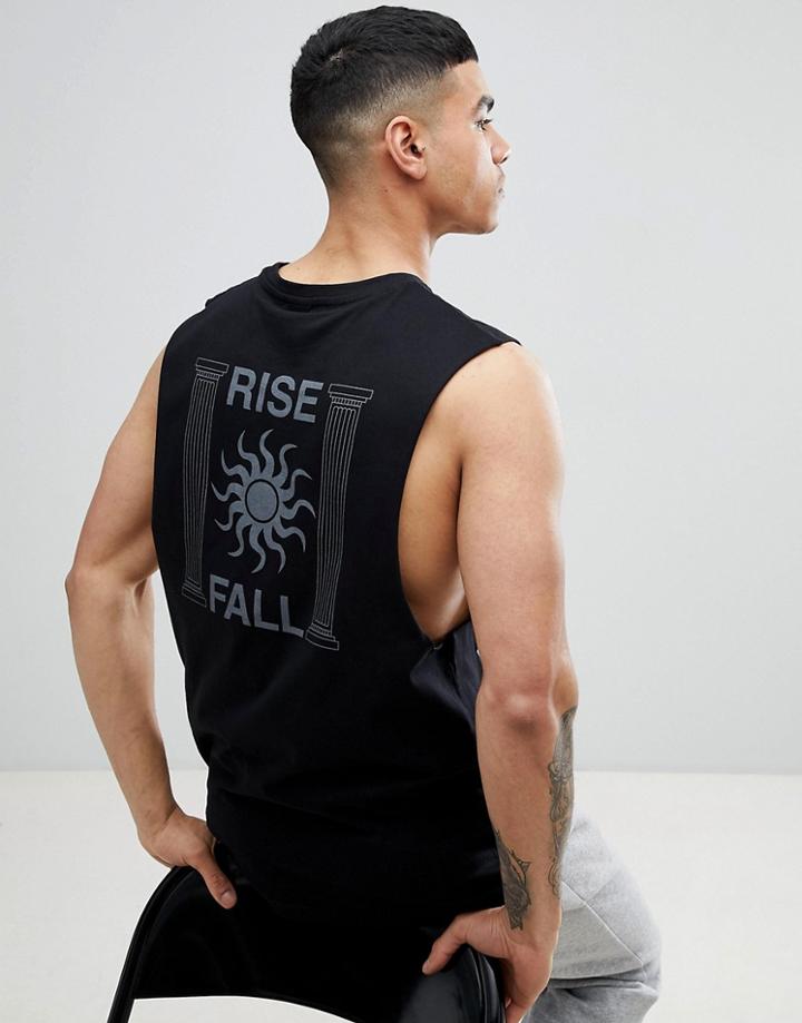 Asos Design Dropped Armhole Tank With Rise & Fall Back Print - Black