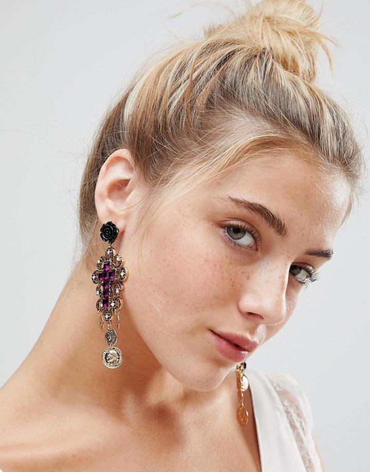 Asos Design Statement Jewel Cross And Coin Earrings - Gold