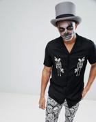 Asos Halloween Regular Fit Viscose Shirt With Skeleton Embroidery In Black - Black