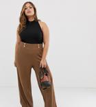 Asos Design Curve Wide Leg Pants In Textured Rib With Natural Buttons-brown