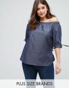 Lost Ink Plus Bardot Denim Top With Bow Sleeve - Blue