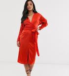 Asos Design Petite Midi Dress With Batwing Sleeve And Wrap Waist In Satin-red