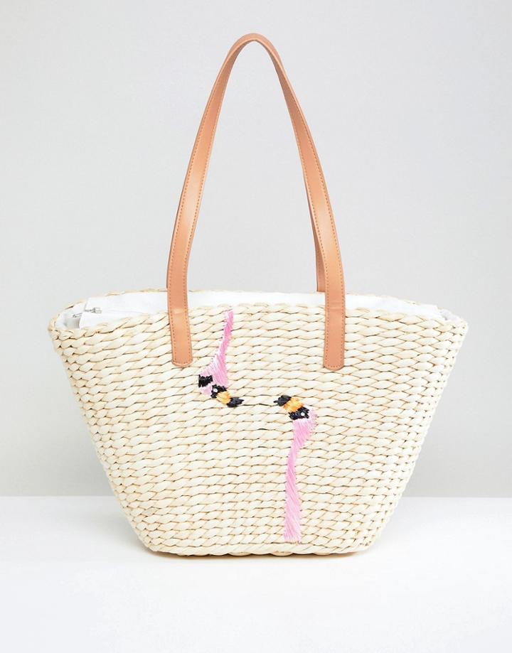 Chateau Straw Beach Bag With Embroidered Flamingos - Beige