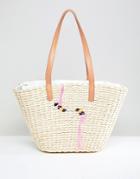 Chateau Straw Beach Bag With Embroidered Flamingos - Beige