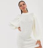 Asos Design Tall Mini Sweater Dress In Lofty Yarn With Volume Sleeve - Cream