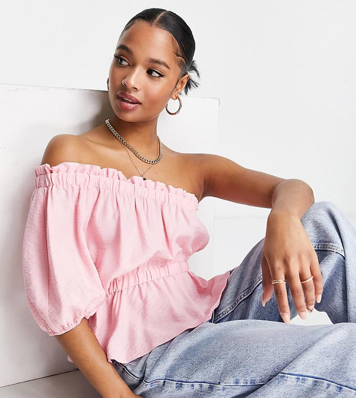 Asos Design Petite One Shoulder Linen Look Top With Elasticated Waist In Pink-green