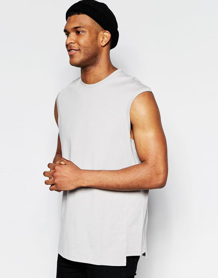 Asos Oversized Sleevless T-shirt With Step Hem In Gray - Gray