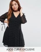 Asos Curve Polka Dot Button Down Tea Dress With Tie Sleeve - Multi