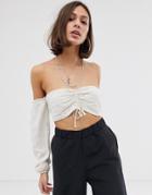 Bershka Ruch Front Long Sleeved Crop Top In Off White - Cream
