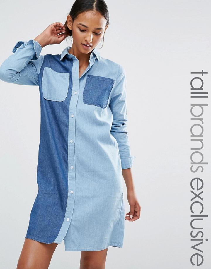 Daisy Street Tall Contrast Denim Buttoned Shirt Dress - Blue