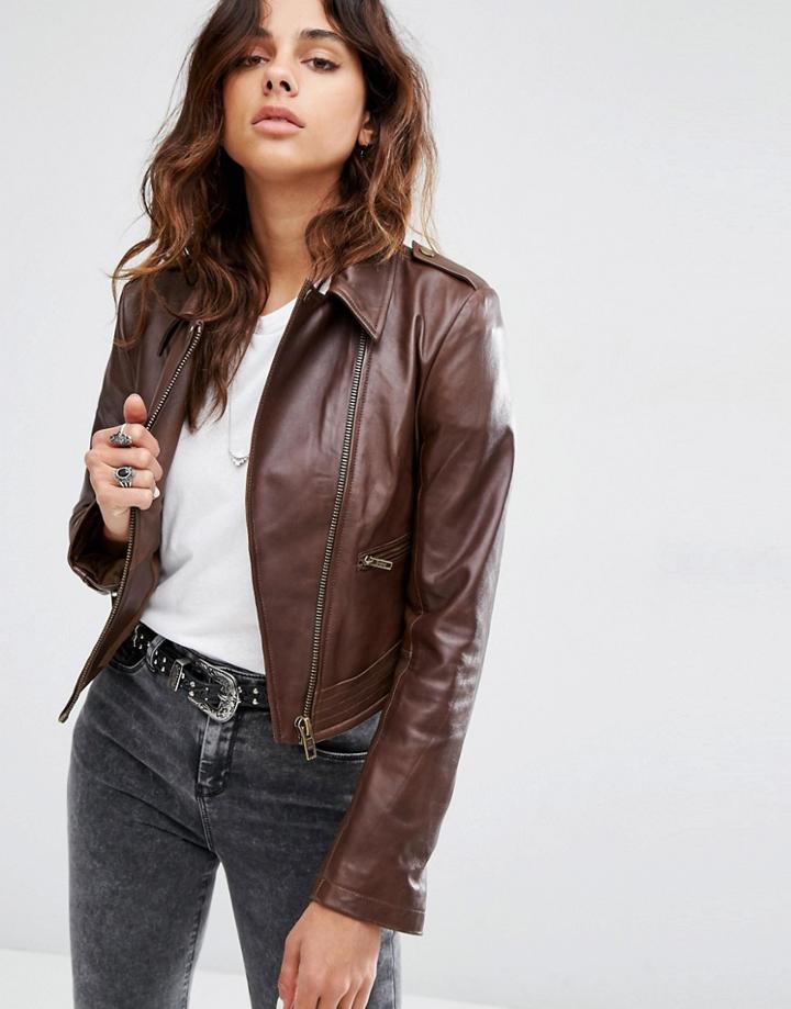 Asos Leather Biker Jacket In Cropped Length With Stitch Detail - Stone