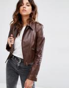 Asos Leather Biker Jacket In Cropped Length With Stitch Detail - Stone