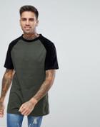 Boohooman Longline T-shirt With Velour Sleeves In Khaki - Green