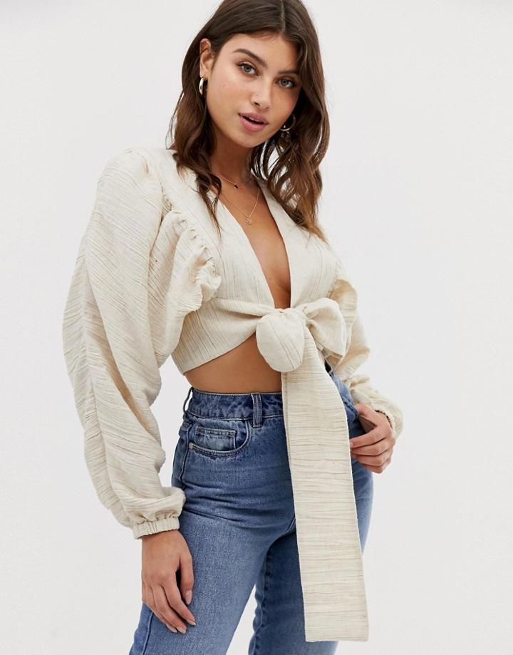 Asos Design Long Sleeve Wrap Top With Tie Detail In Natural Crinkle - Stone