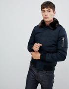 Schott Air Bomber Jacket With Detachable Faux Fur Collar In Slim Fit In Navy/brown - Navy