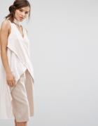 Parallel Lines Wrap Front Choker Neck Top With Cape Back - Beige