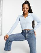 Miss Selfridge Irregular Rib Knit Polo Neck Crop Sweater In Pale Blue-blues