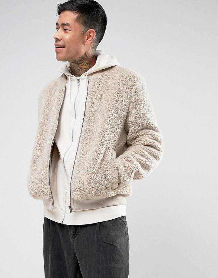 Asos Borg Bomber Jacket In Ecru - Beige