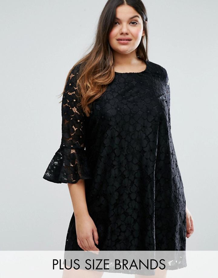 Alice & You Allover Lace Prairie Dress With Fluted Sleeve - Black