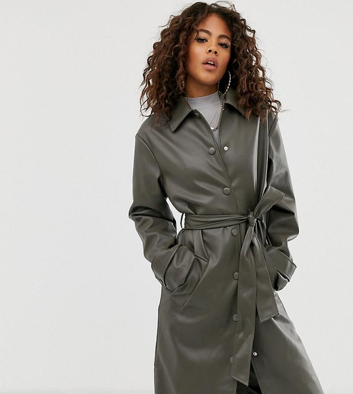 Asos Design Tall Leather Look Trench Coat - Green