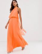 Asos Design Halter Tie Neck Maxi Dress In Pleat - Orange