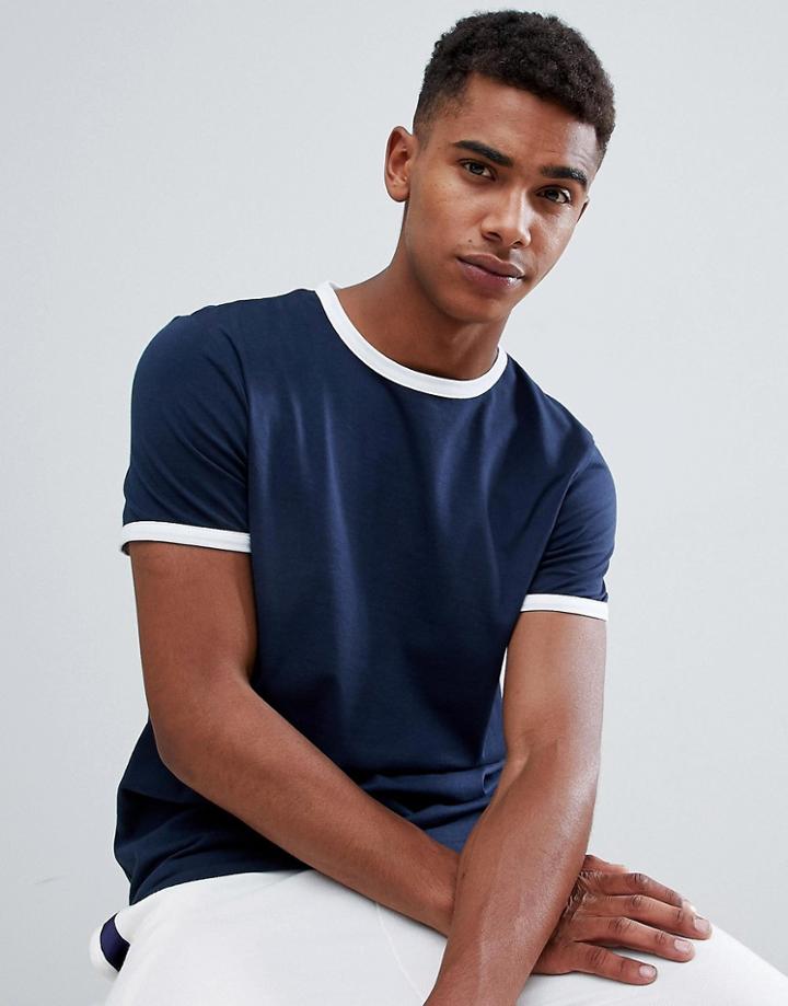 Asos Design T-shirt With Contrast Ringer In Navy - Multi