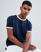 Asos Design T-shirt With Contrast Ringer In Navy - Multi