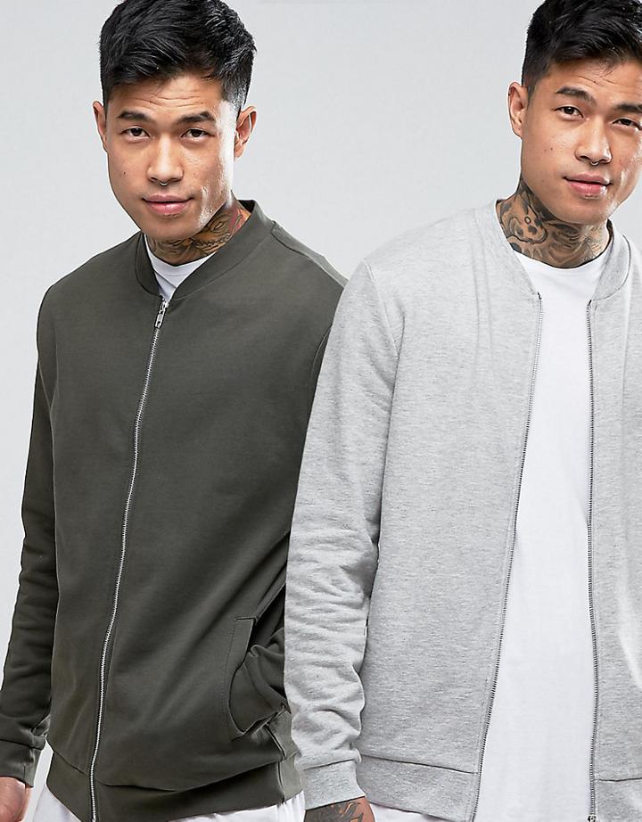 Asos Jersey Bomber Jacket 2 Pack Gray Marl/ Khaki Save - Multi