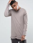 Asos Super Longline Long Sleeve T-shirt With Raw Edge Hem Detail In Gray - Gray