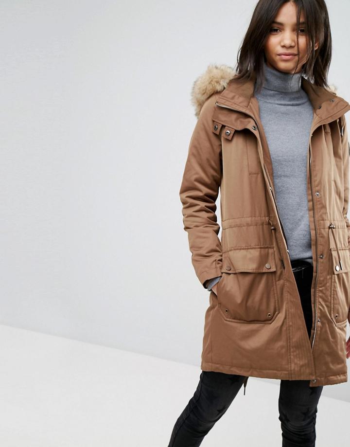 Esprit Faux Fur Hood Parka Jacket - Beige