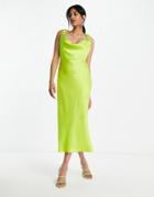 Asos Design Satin Cowl Front Midi Dress With Ruched Strap Detail In Bright Green
