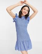 French Connection Ruffle Mini Dress In Blue-blues