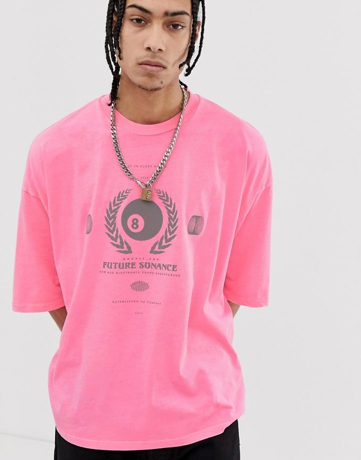 Asos Design Oversized T-shirt In Washed Neon With Reflective Print-pink