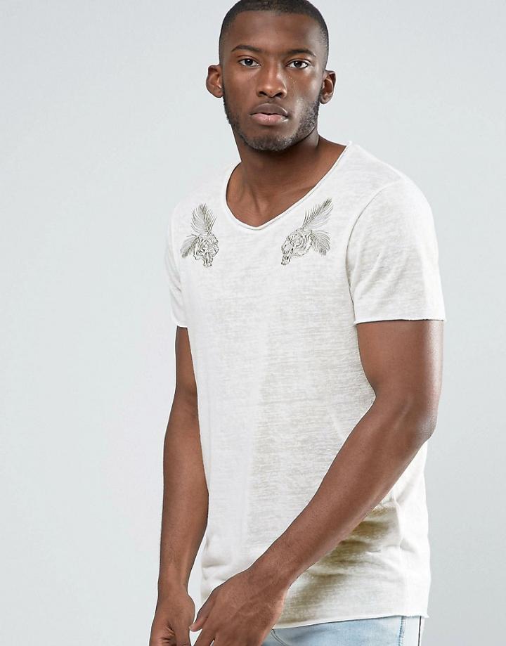 Asos Longline T-shirt With Embroidered Lions In Linen Look - White