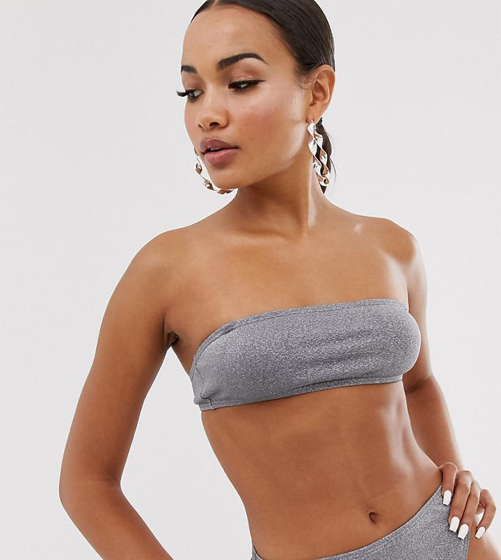 South Beach Exclusive Glitter Tie Up Crop Bikini Top In Silver