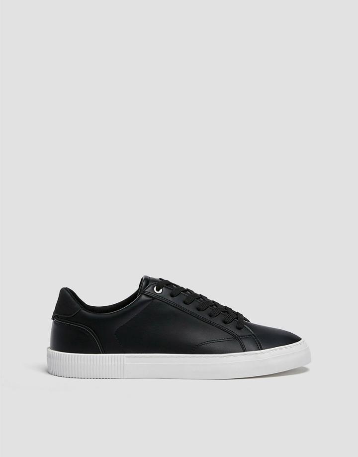 Pull & Bear Lace Up Sneakers In Black With White Sole