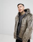 Asos Faux Fur Bomber With Hood In Stone - Stone
