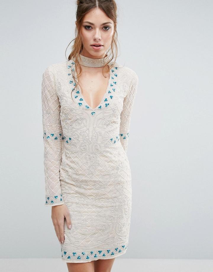 Frock And Frill Choker Detail Embellished Mini Dress - Cream