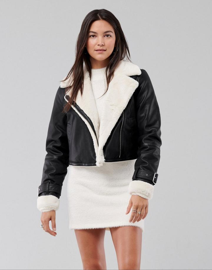 Hollister Faux Fur Biker Jacket In Black