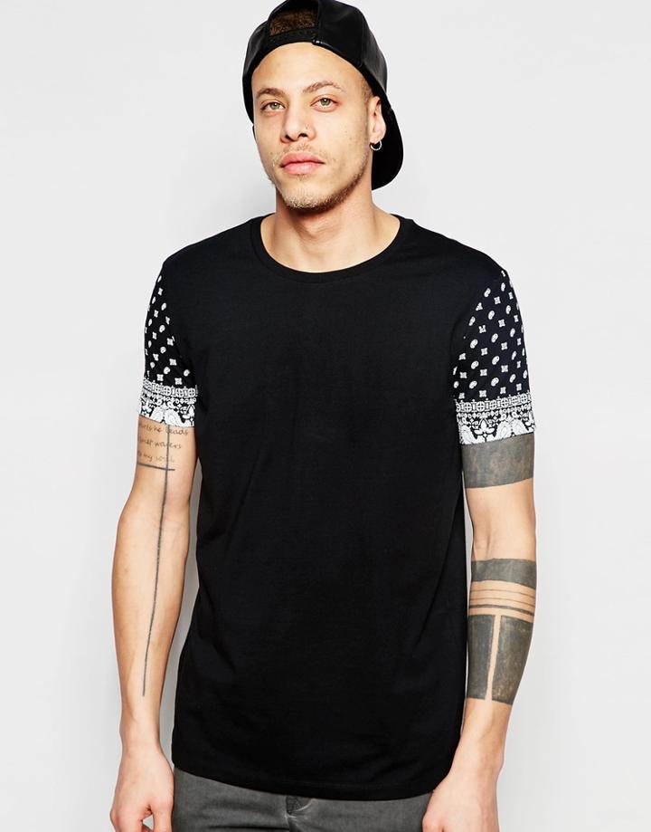 Asos Longline T-shirt With Paisley Sleeves And Scoop Back Hem - Black