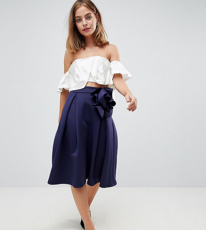 Asos Design Petite Scuba Prom Midi Skirt With Corsage Detail - Navy