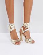 Lost Ink Metallic Gold Ankle Tie Heeled Sandals - Gold