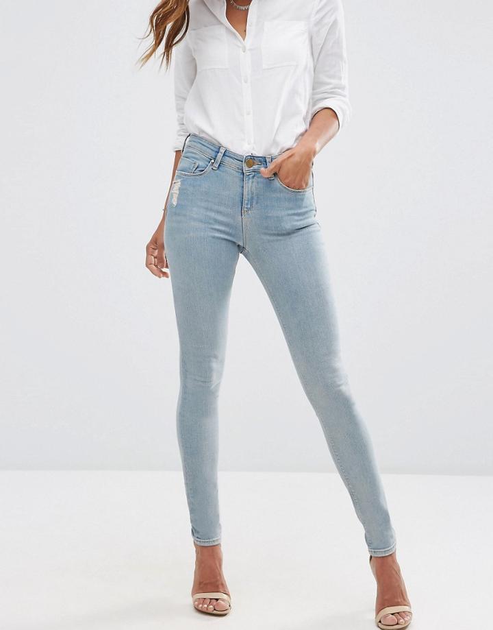 Asos Lisbon Mid Rise Skinny Jeans In Larch Wash Blue With Abrasions - Larch Indigo