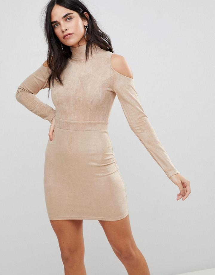 Ax Paris Cold Shoulder Long Sleeve Bodycon Dress-pink