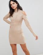 Ax Paris Cold Shoulder Long Sleeve Bodycon Dress-pink