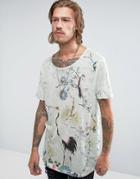 Asos Longline T-shirt In Fake Linen With All Over Floral Print - White